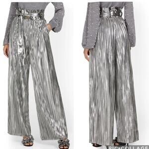 NEW YORK & COMPANY New Womens Large Pleated Wide-Leg Paper Bag Pant Metallic